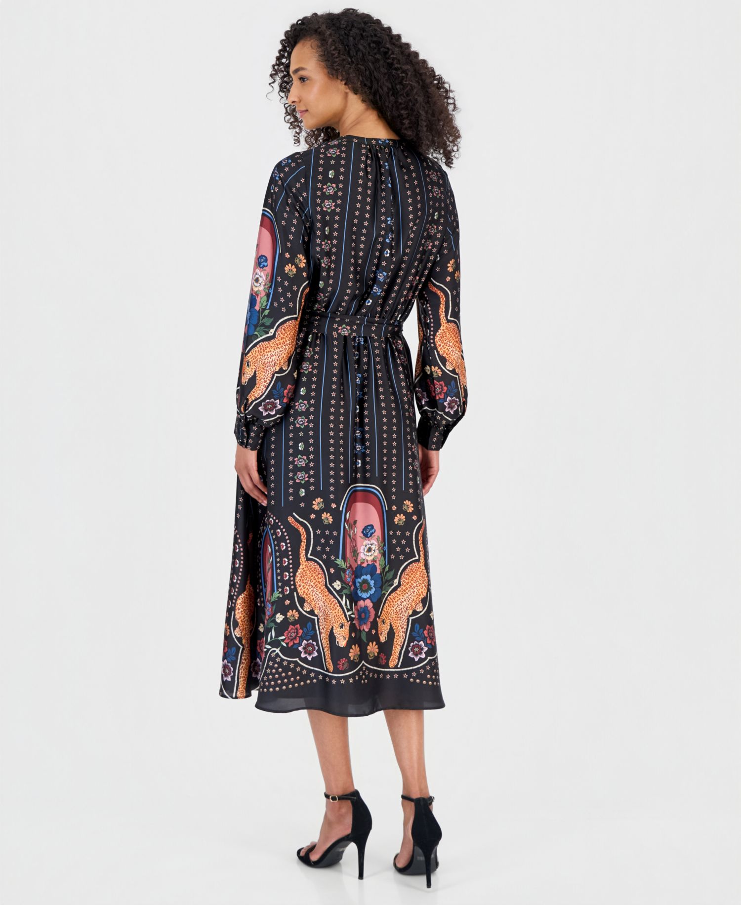 Women's Split V-Neck Long-Sleeve Fit & Flare Midi Dress