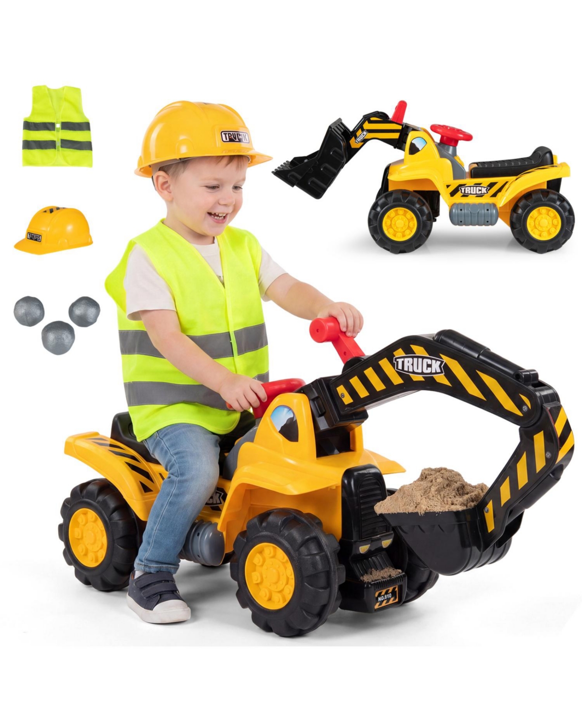 Slickblue 3-in-1 Ride On Toy Excavator with Engine Sounds and Safety Helmet