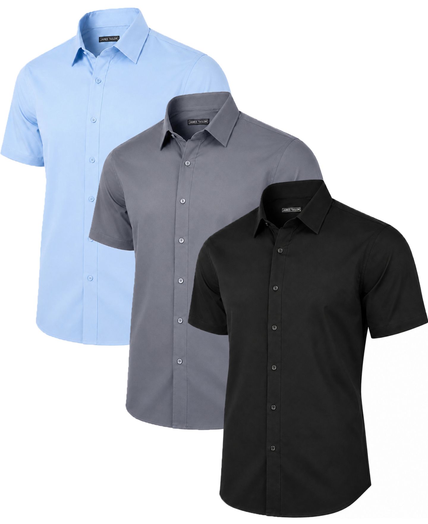 Мужские рубашки James Tailor Slim-Fit Point Collar Dress Shirt, 3-Pack, цвет: Чёрный серый светлый синий — фото 1
