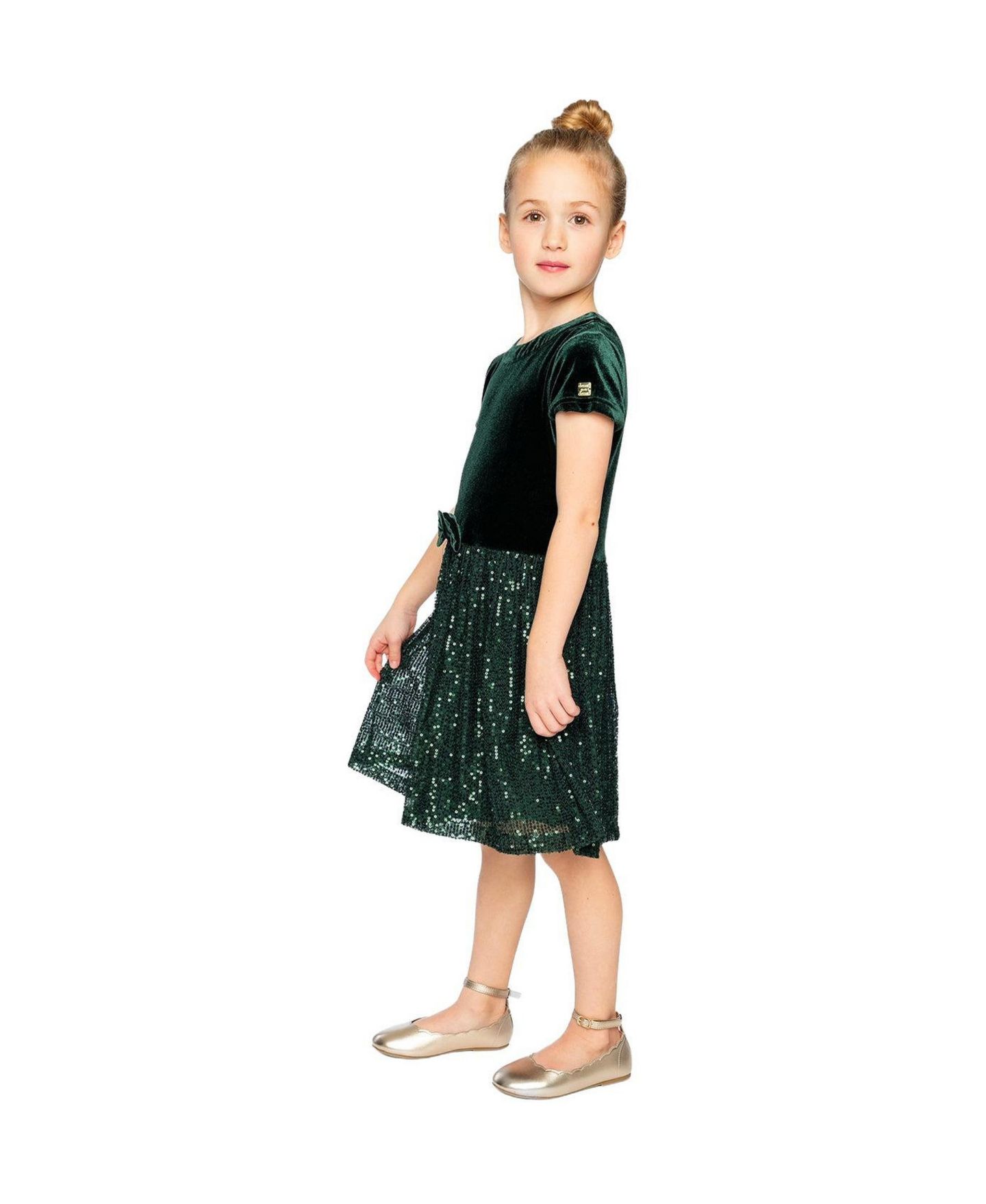 Платья Deux par Deux Bi-Material Short Sleeve Dress with Glittering Skirt для девочек-малышей, цвет: Зелёный тёмно-зелёный — фото 5
