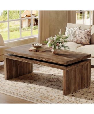 Solid Wood Coffee Table for Living Room, 47.2'' Farmhouse Rectangle Center Cocktail Table with Thick Design
