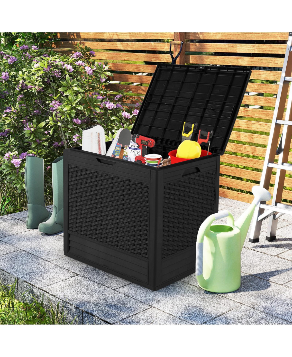 Gymax 25 Gallon Outdoor Storage Box Pp Deck Container With Rattan Patterns and Lockable Lid