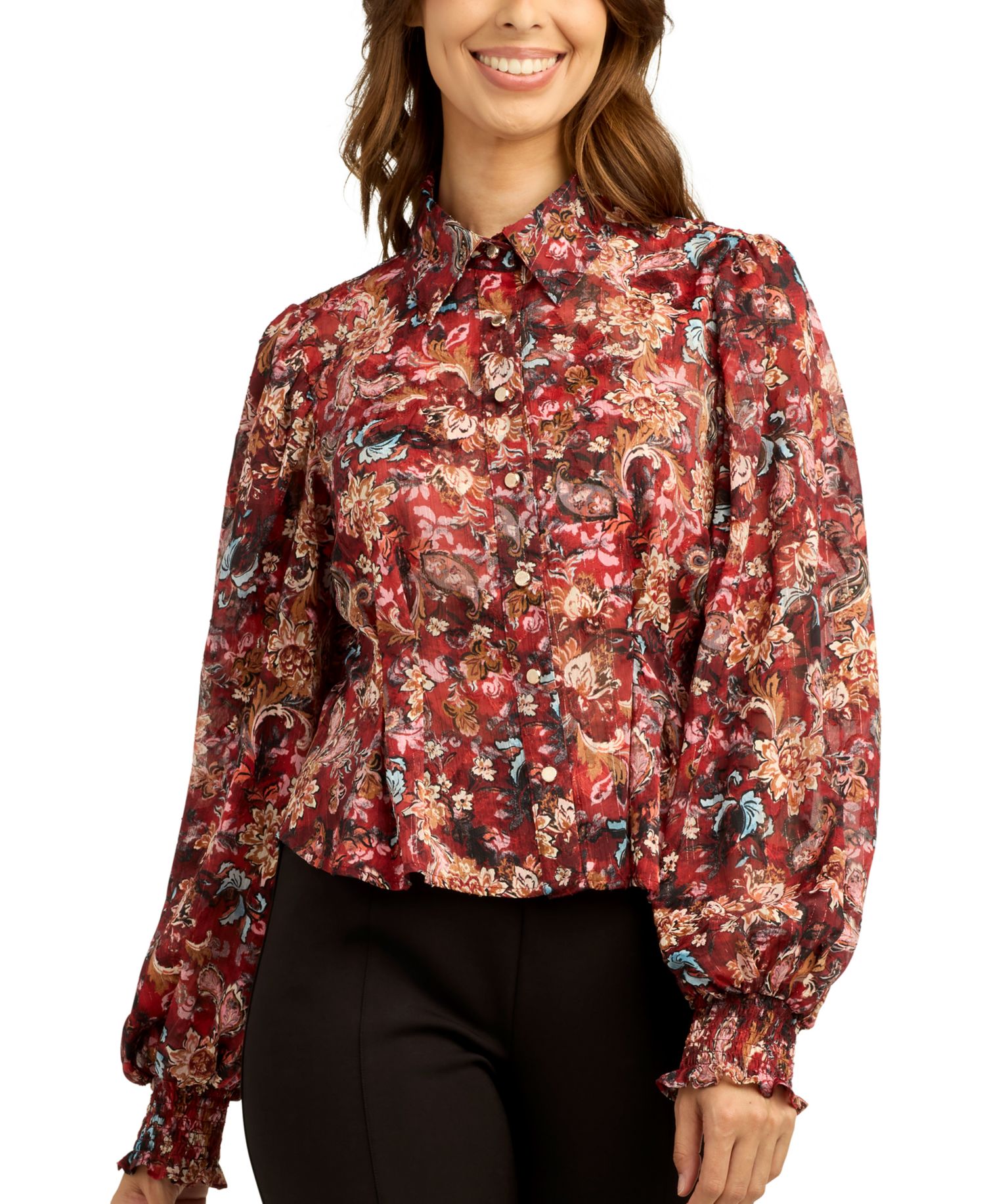 Juniors' Satin Stripe Lurex Collared Button-Up Shirt