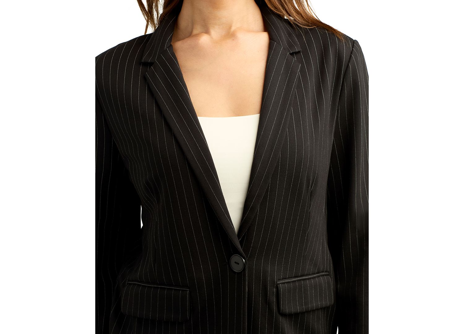 Juniors' Pinstripe Ponte Knit Button-Front Blazer