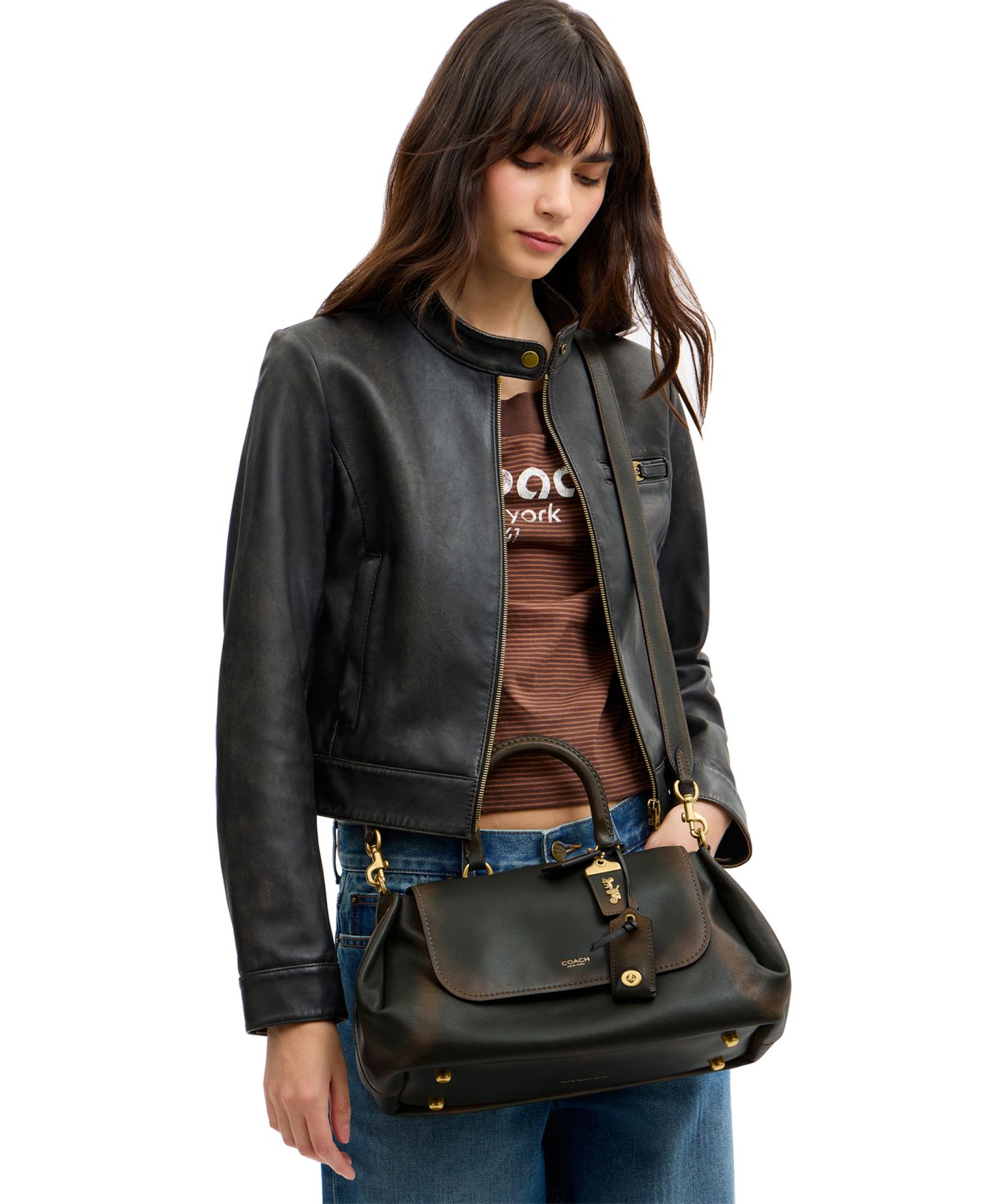 Женская сумка COACH Slouchy Rogue Medium Loved Leather Top Handle, цвет: Латунный / Тёмный зелёный — фото 10