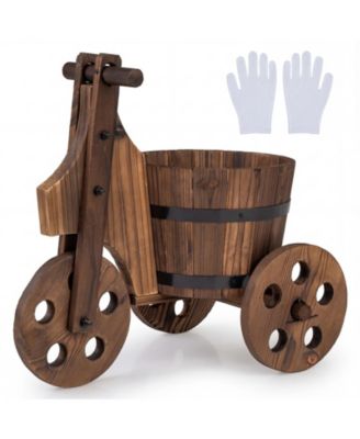 Rustic Wood Tricycle Planter with Barrel Pot and Drainage for Patio Balcony Garden
