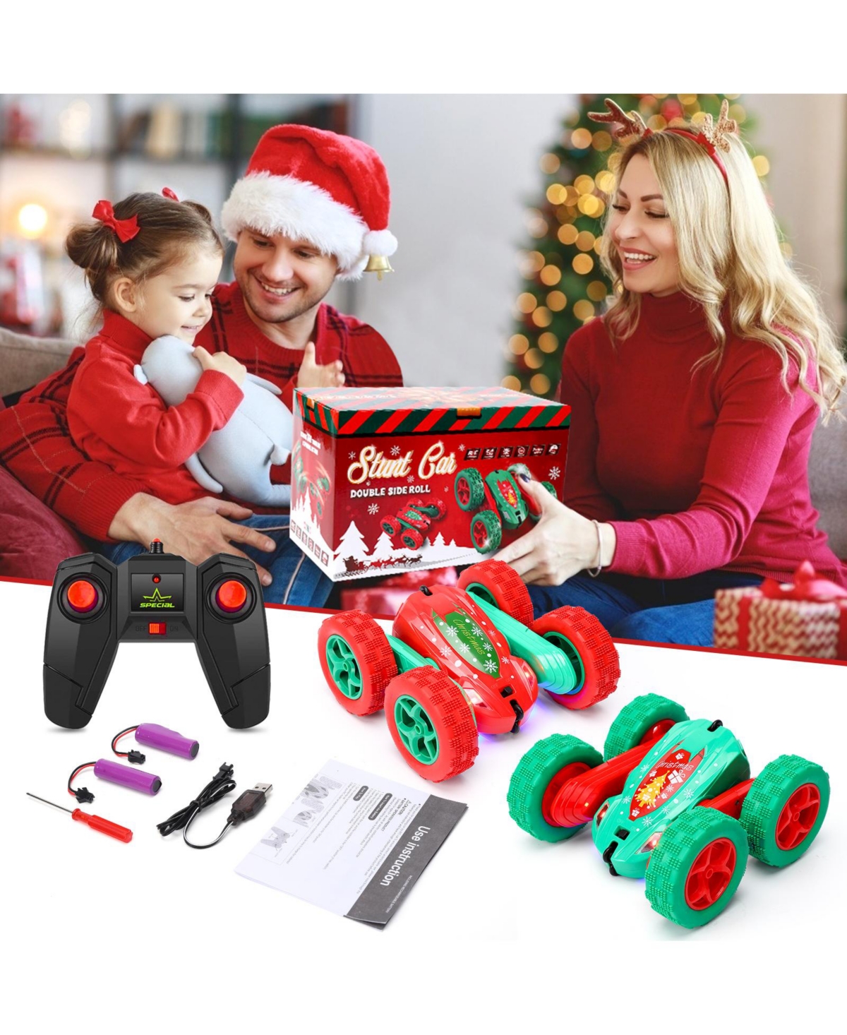 homfan 10.2 x 6.7 x 5.9 in Remote Control Stunt Car Christmas Edition Rc Vehicle with 4 Batteries 360 Spinning Toy for Outdoor Adventure Play
