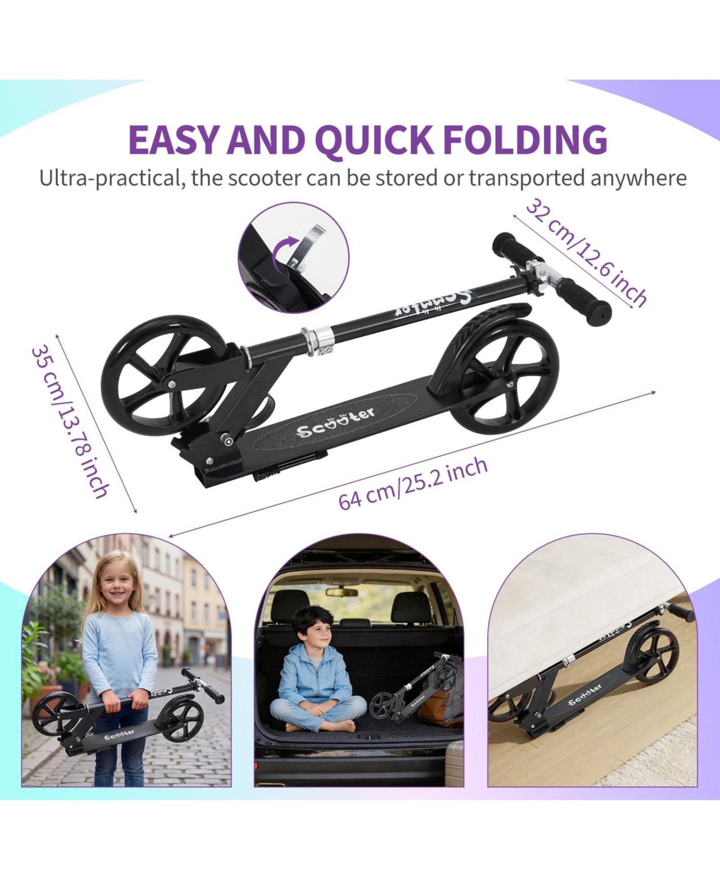 Детская игрушка homfan Big Wheels Adjustable Handlebar Foldable Scooter, Ages 3-6, цвет: Чёрный — фото 2