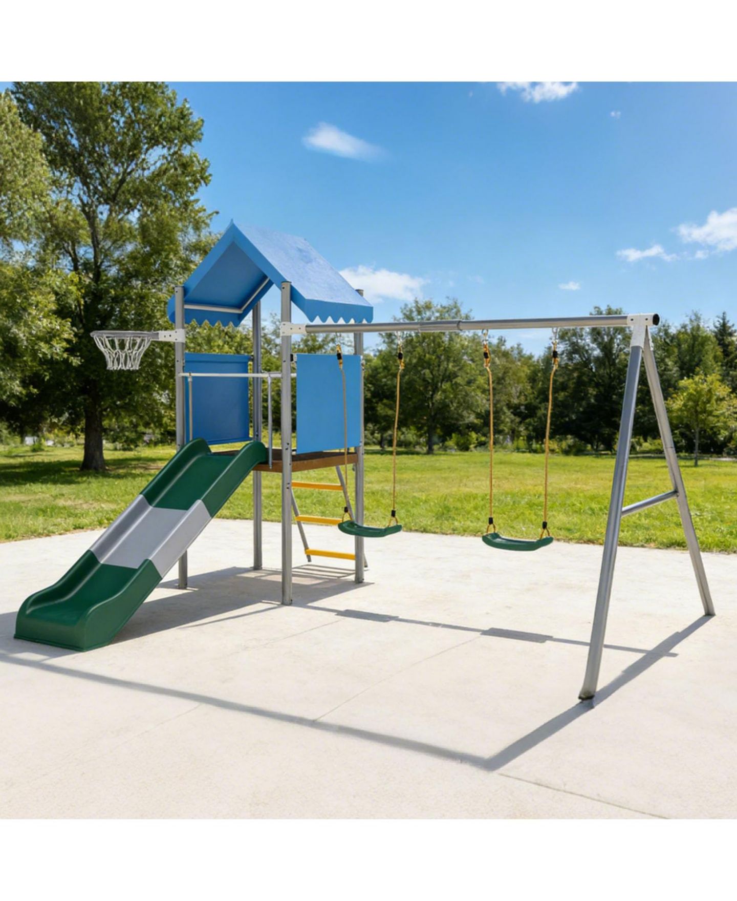 Детский игровой набор homfan 112 x 110 x 97 Inch Galvanized Steel and PE Outdoor Kids Treehouse Swing and Slides Playset with 2 Straight Swings, цвет: Синий — фото 2