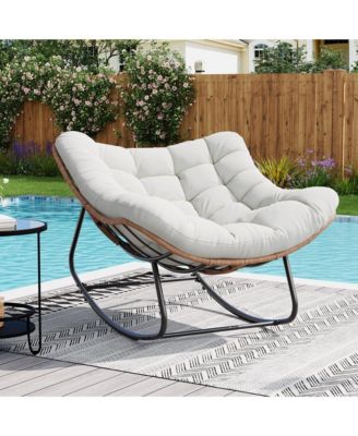 Outdoor Rocking Chair: 30degree(s) Gentle Rocking  Extra-Large Papasan Chair with Cushion Metal and PE Rattan Frame 400-pound Weight Capacity