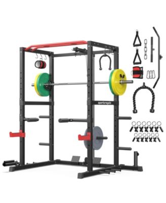 Power Rack Cage with 140LB Weight Plates and 7FT Olympic Barbell, All-in-One Home Gym Squat Rack Workout Station with Pulley System
