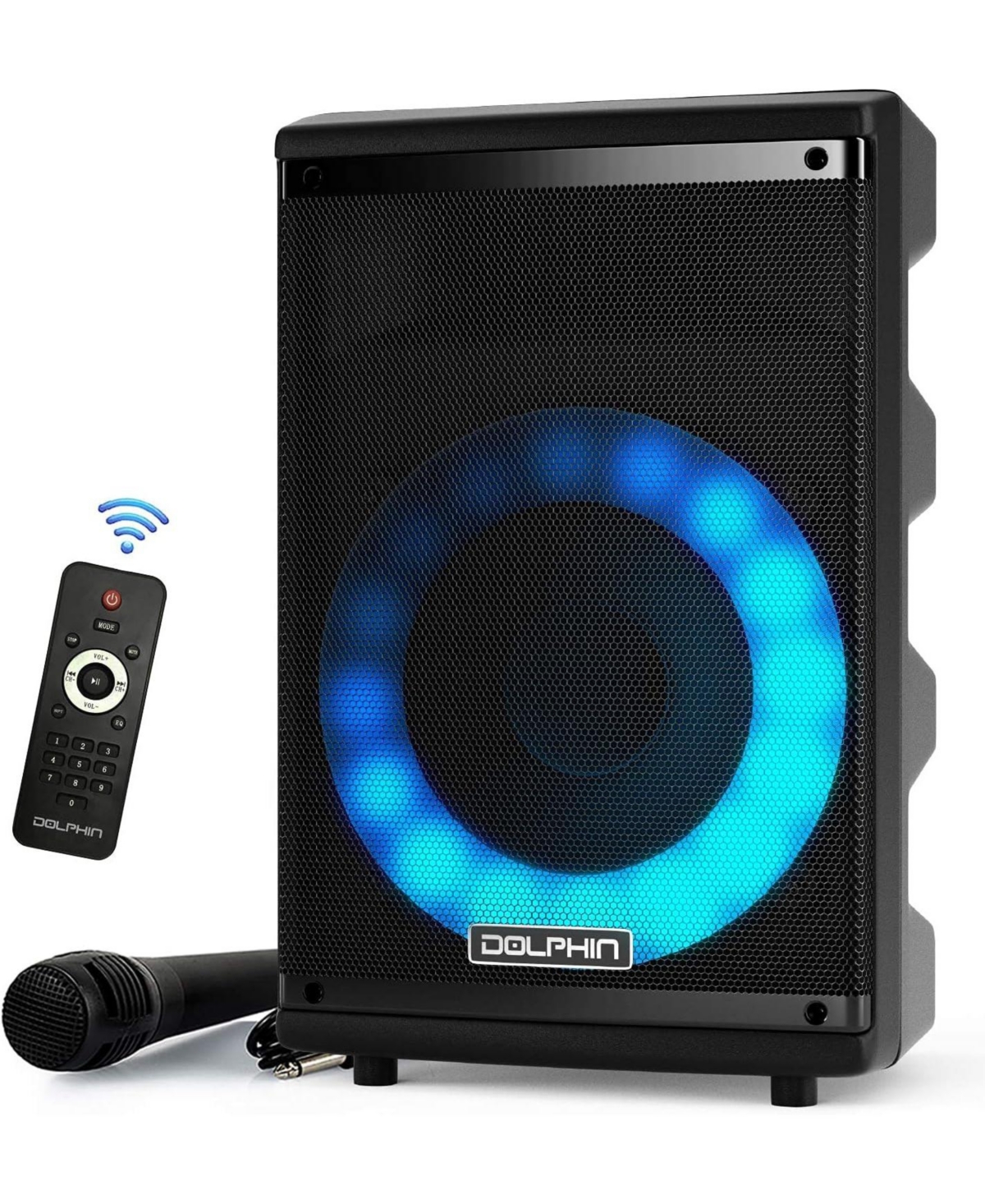 Dolphin Bluetooth Karaoke Party Speaker System with Dynamic Spin Led Lights and Microphone