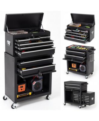 2-in-1 Tool Storage Cabinet: A lockable, 8-drawer metal tool cart on casters. Features a removable top toolbox, protective lining, and tool rack.
