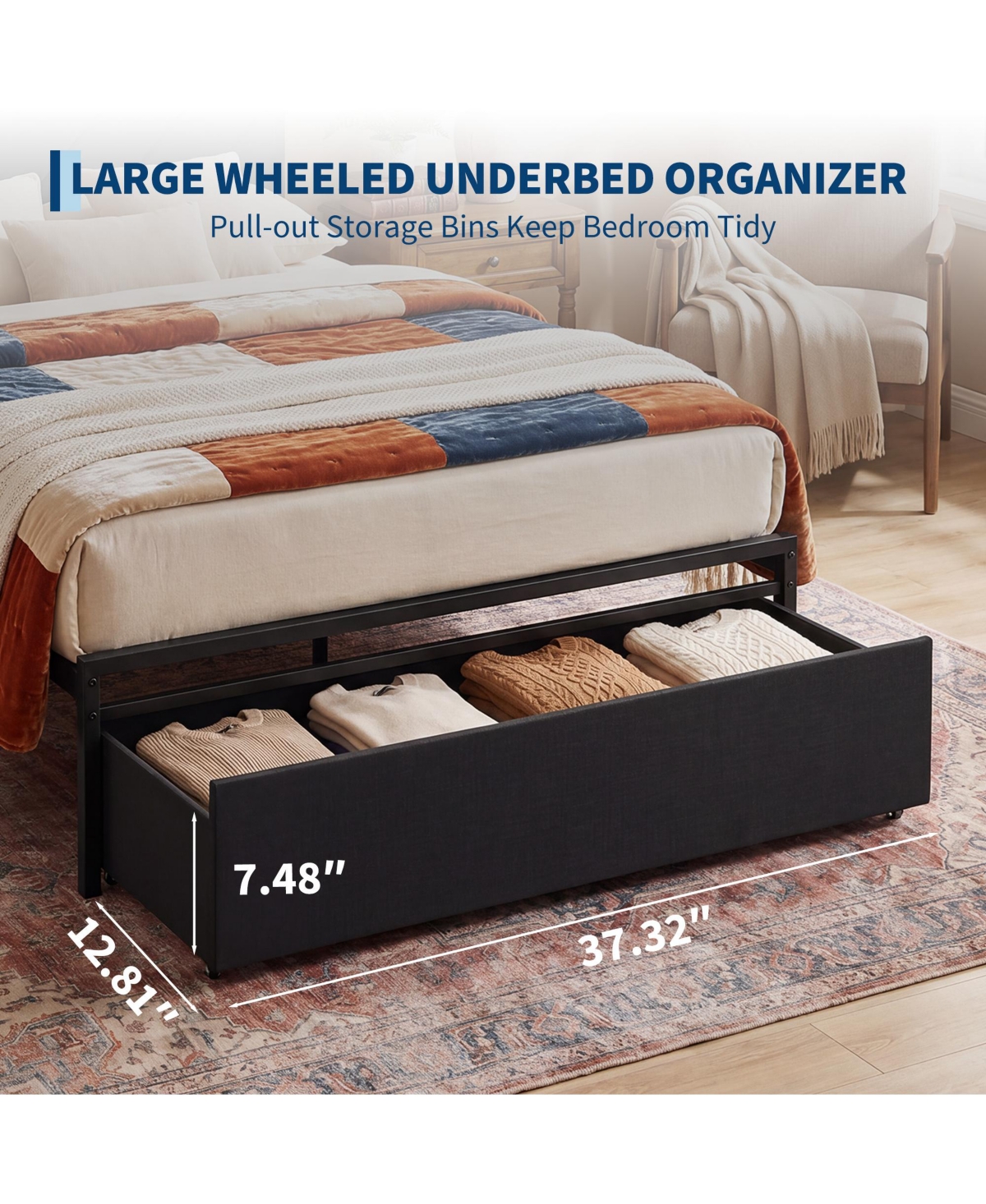 homfan Upholstered Metal Platform Bed Frame with Charging Station Headboard & 2 Rolling Under Storage Drawers