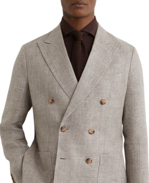 Мужской пиджак REISS Amore Linen Double-Breasted Tailored-Fit Suit Blazer, цвет: Серо-коричневый коричневый