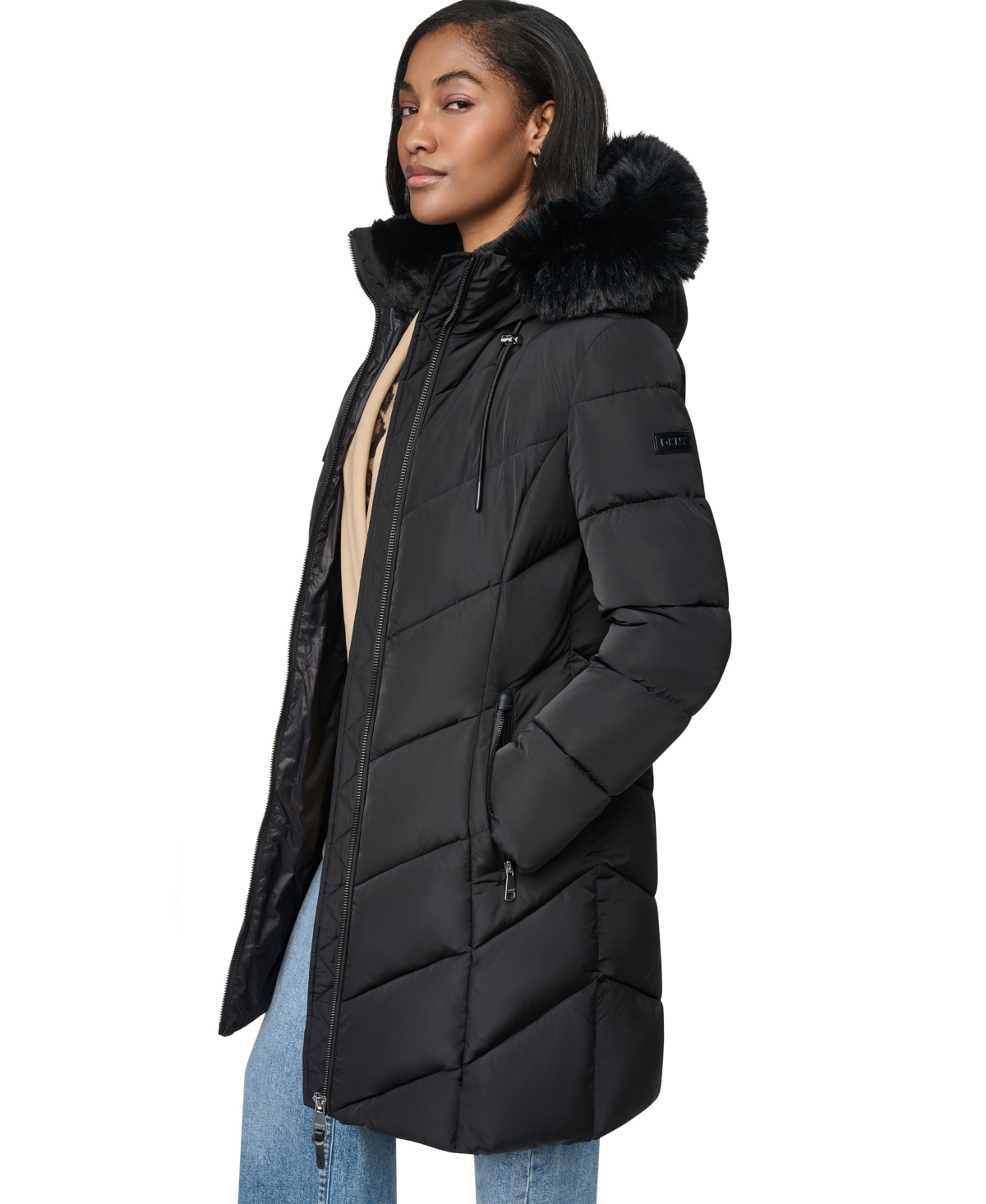 Dkny Women's Walker Length Puffer with Faux Fur Trimmed Hood Coat