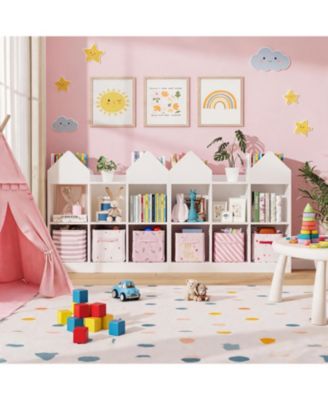 Set of 2 Kids Castle Cube Toy Storage Organizer  6 Cubby Open Bookshelf with Anti Tip Wall Device Perfect for Playrooms