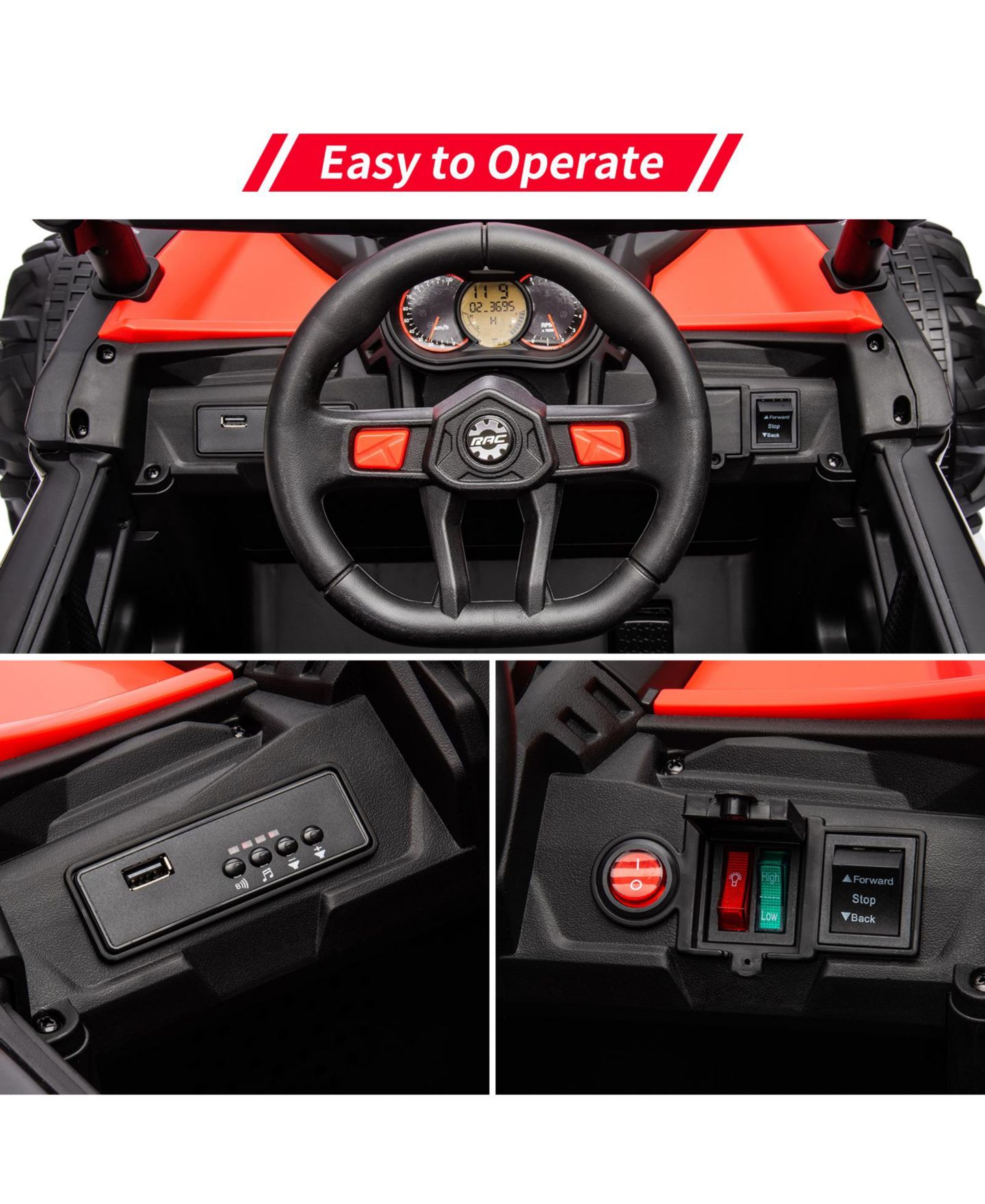Детская игрушка homfan 24V 2-Seater Kids Electric UTV Ride-On Car - 200W Dual Motors, Metal Frame, Off-Road Suspension, Remote Control, USB, Music, LED Lights, цвет: Красный — фото 4