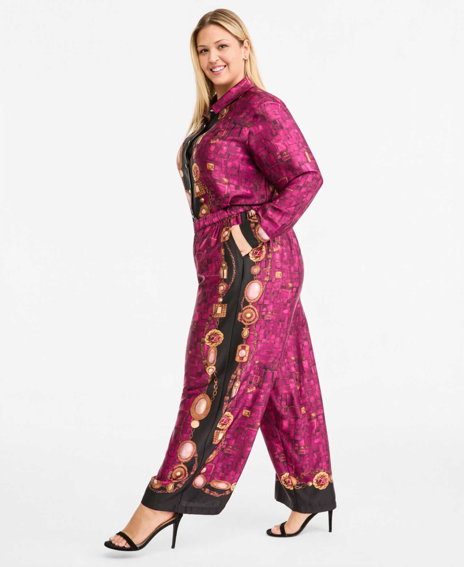 Plus Size Gemstone Pull-On Wide-Leg Satin Pants