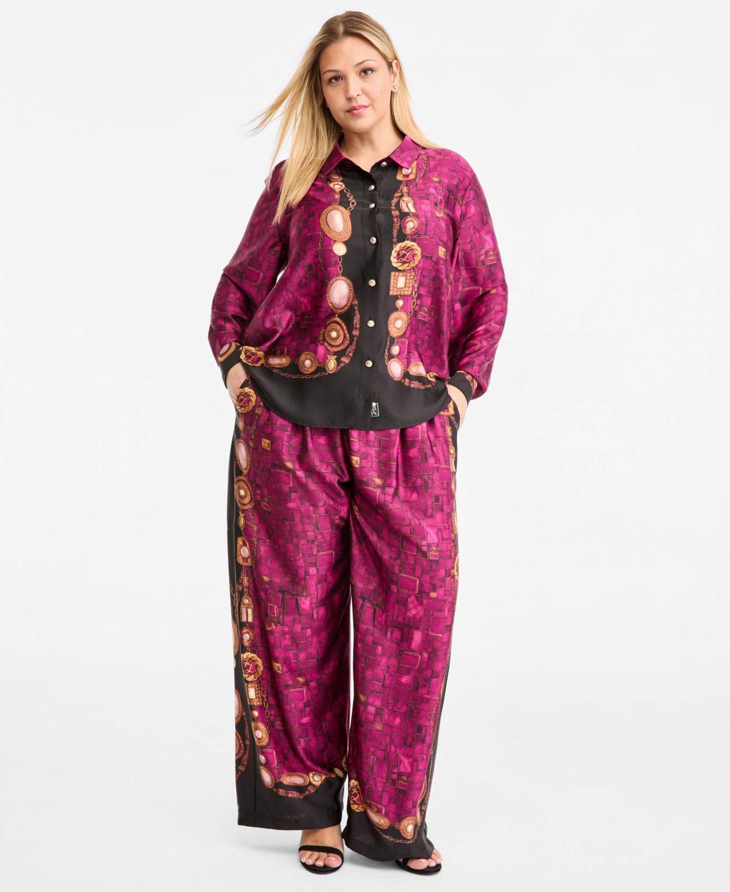 Plus Size Gemstone Woven Printed Long-Sleeve Blouse