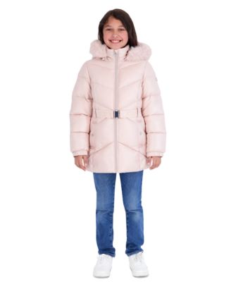 Girls' 5-16 MK Logo Belted Stadium Length Long-Sleeve Jacket