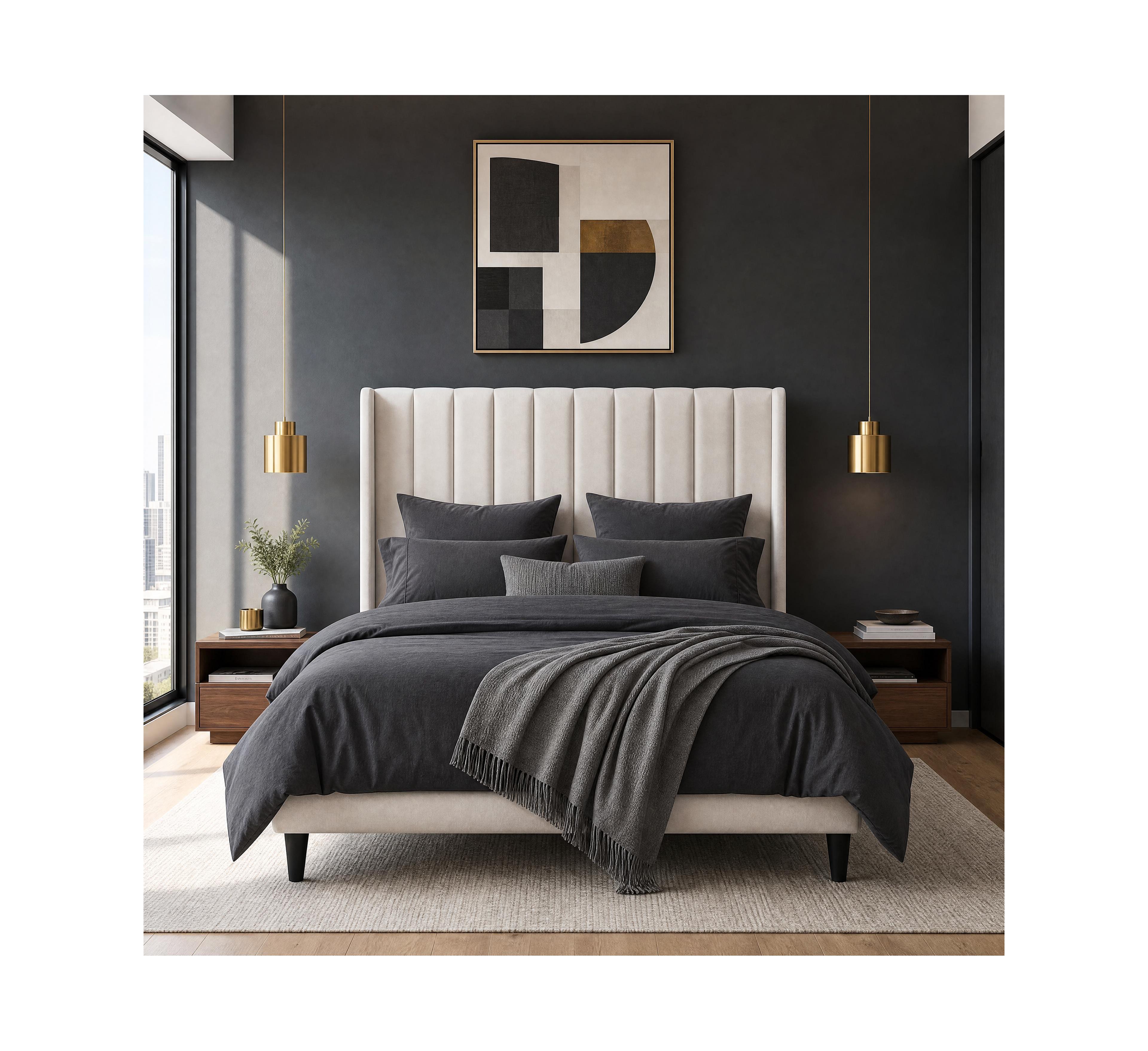 homfan Upholstered Platform Bed Frame - 52" Velvet Tufted Wingback Headboard, Vertical Channel Design, Wooden Slat Support