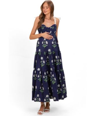 Women's Navy Floral Sweetheart Neckline Smocked Maxi Dress