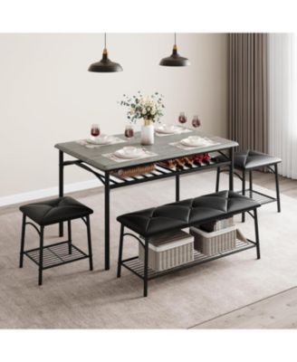 Dining Table Set for 4 with Storage Shelves, Kitchen Table Set with Upholstered Bench and Square Stools, Metal and Wood Dining Room Table Set