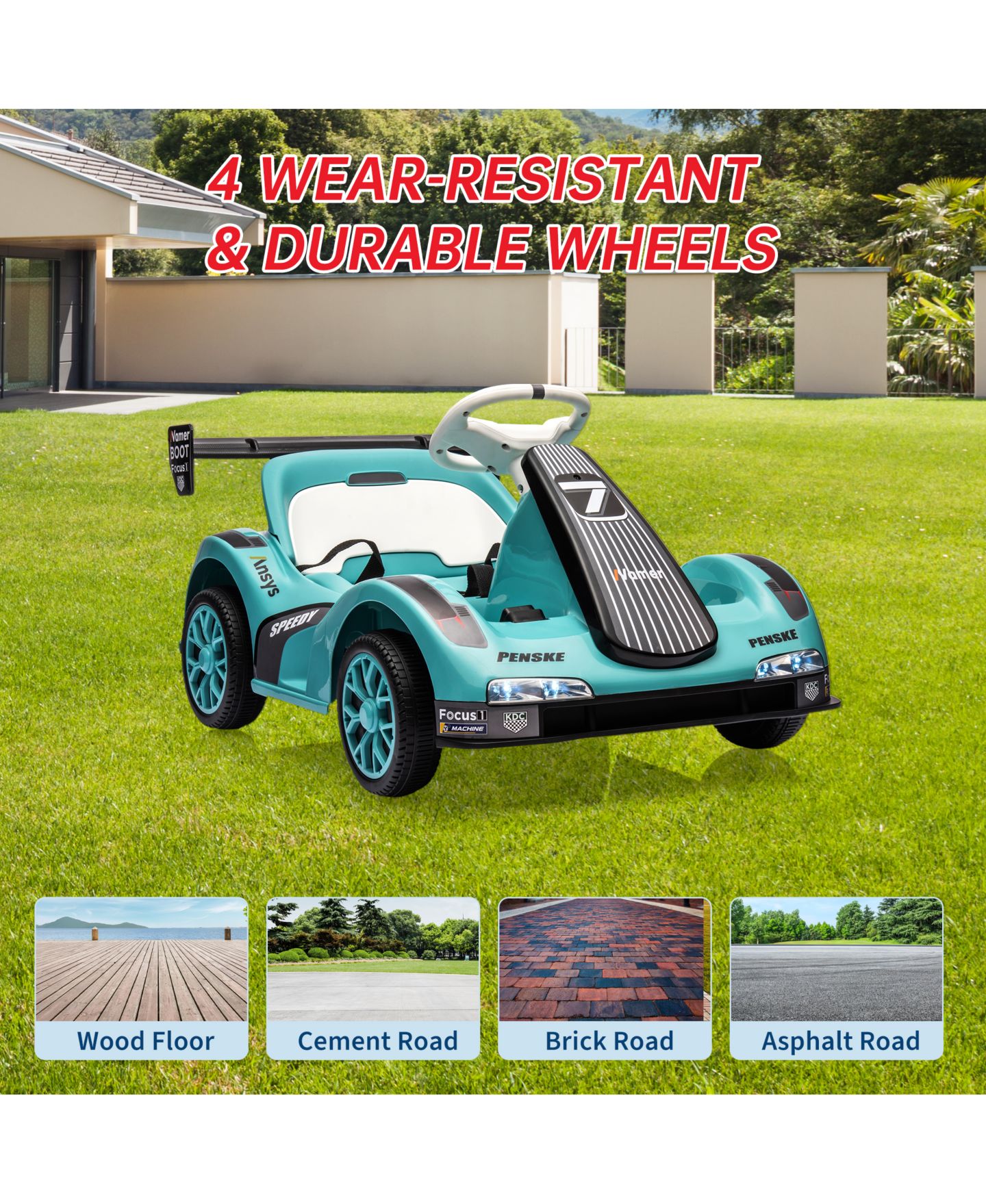 Детские игрушки homfan Electric Go Kart Ride-On Racing Car, Dual Motors, Remote Control, Safety Belt, LED Headlights, Music, Standard Test Method Certified, цвет: Зелёный — фото 4