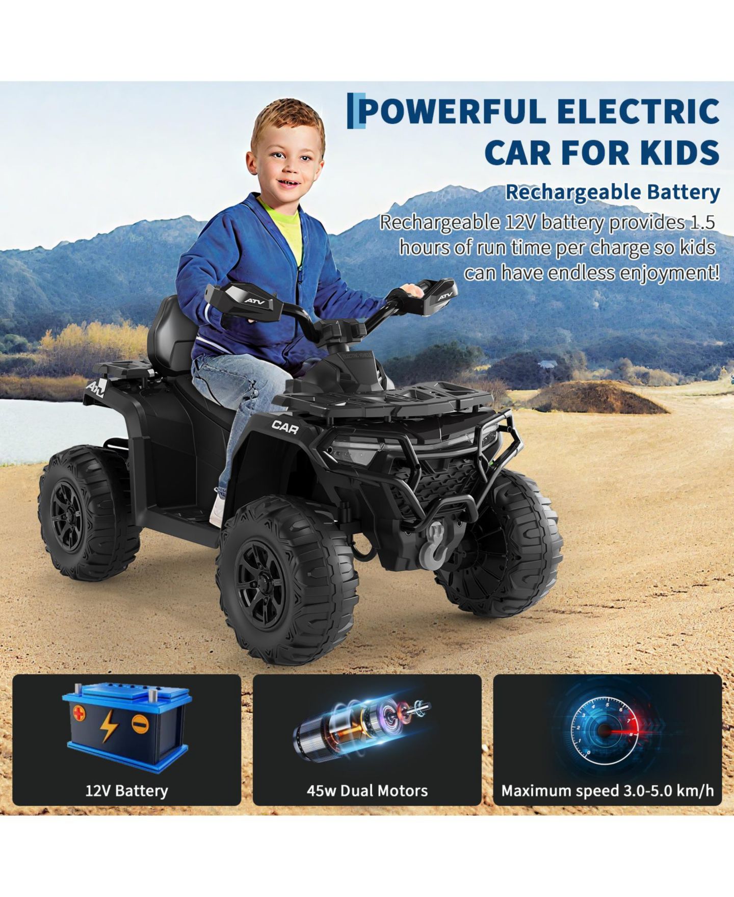 Детская игрушка homfan Electric Kids ATV 4-Wheeler Ride-On Car for Ages 3-8 - Dual Motors, Remote Control, LED Headlights, Music Player, Urgent Brake, цвет: Чёрный — фото 4
