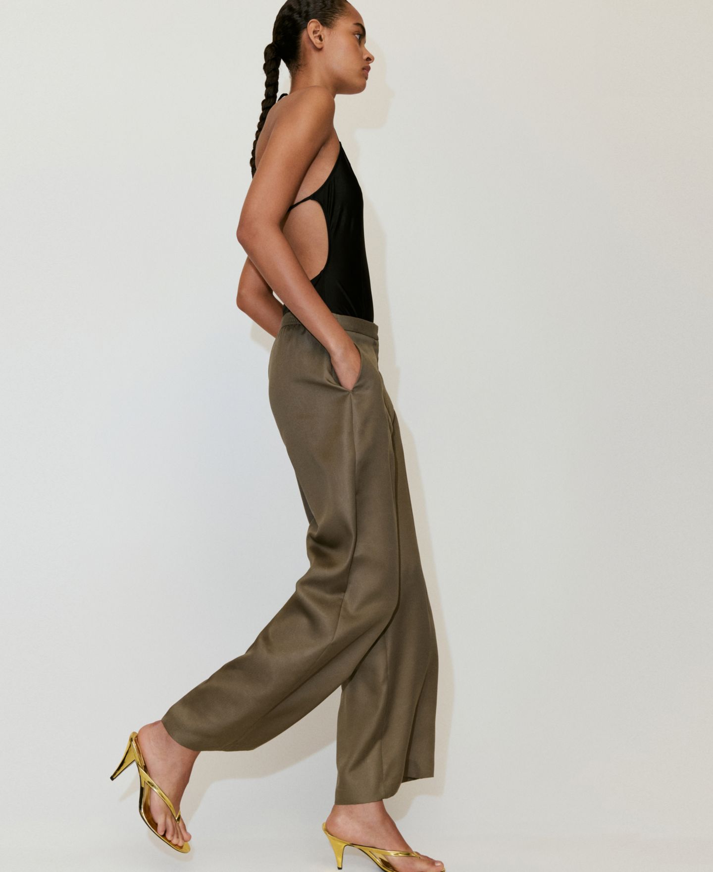 Женские брюки MANGO High-Waisted Lyocell, цвет: Бежевый / Хаки — фото 4