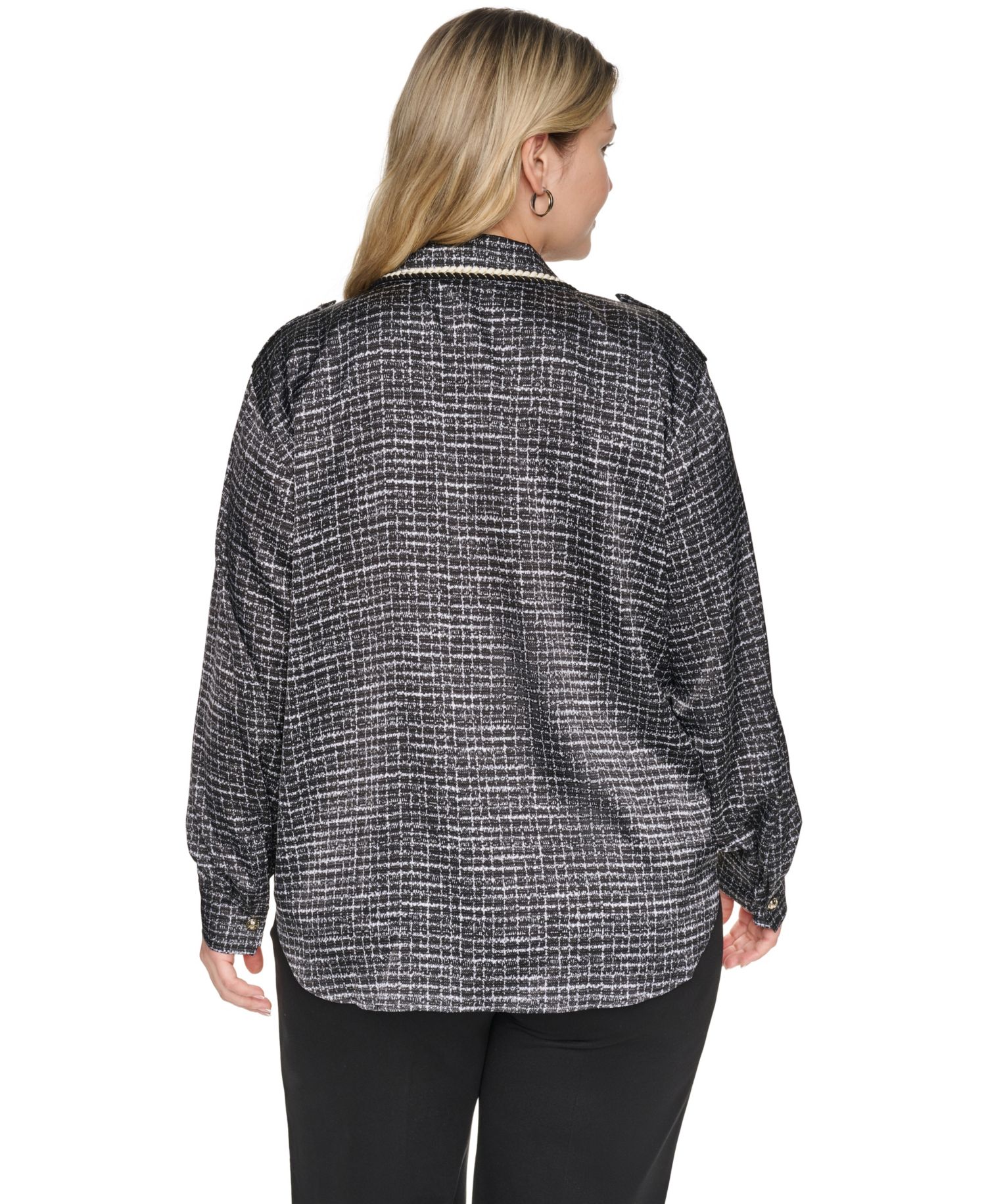Plus Size Tweed Print Collared Long-Sleeve Top