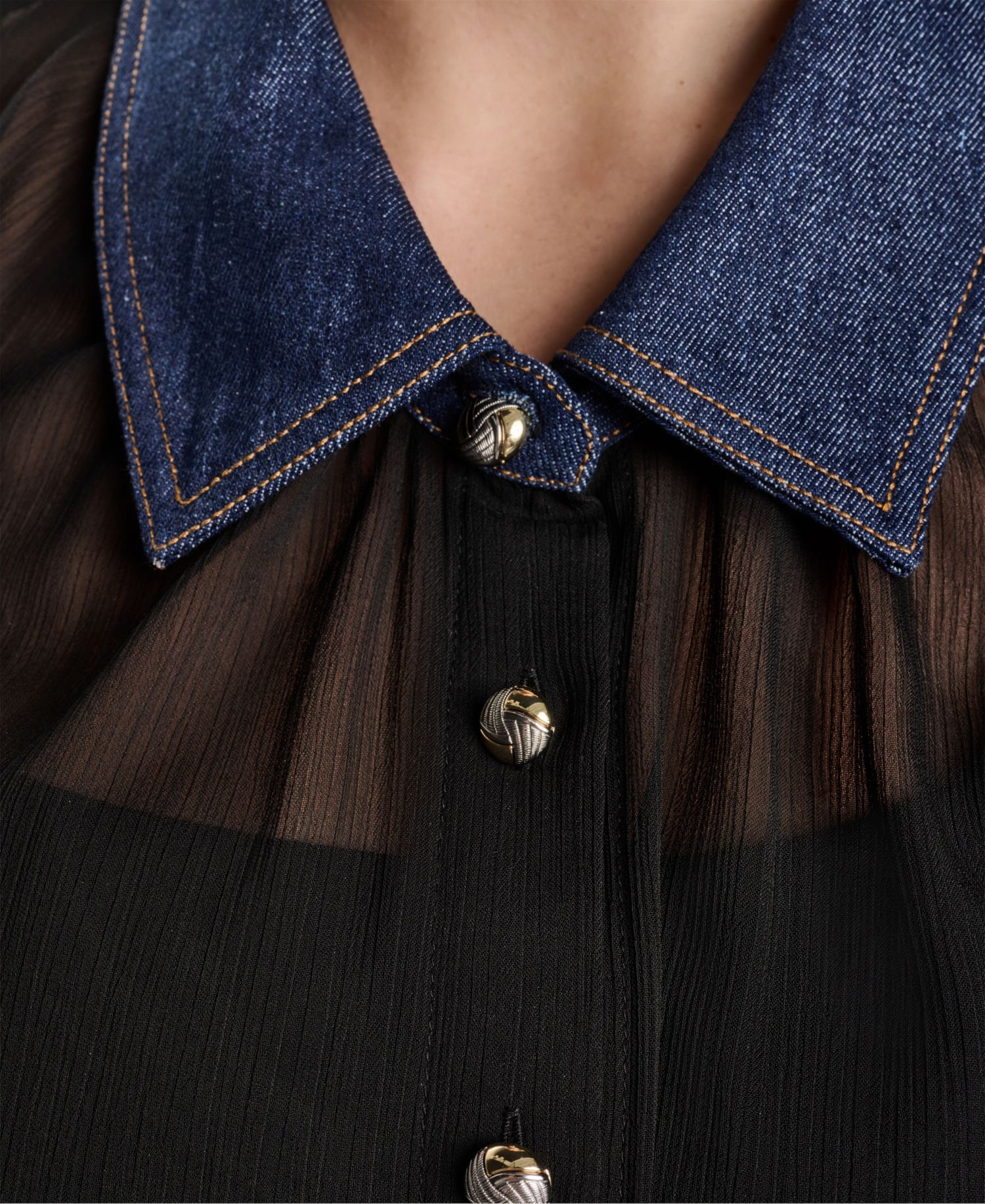 Plus Size Mixed Media Collared Button-Front Top