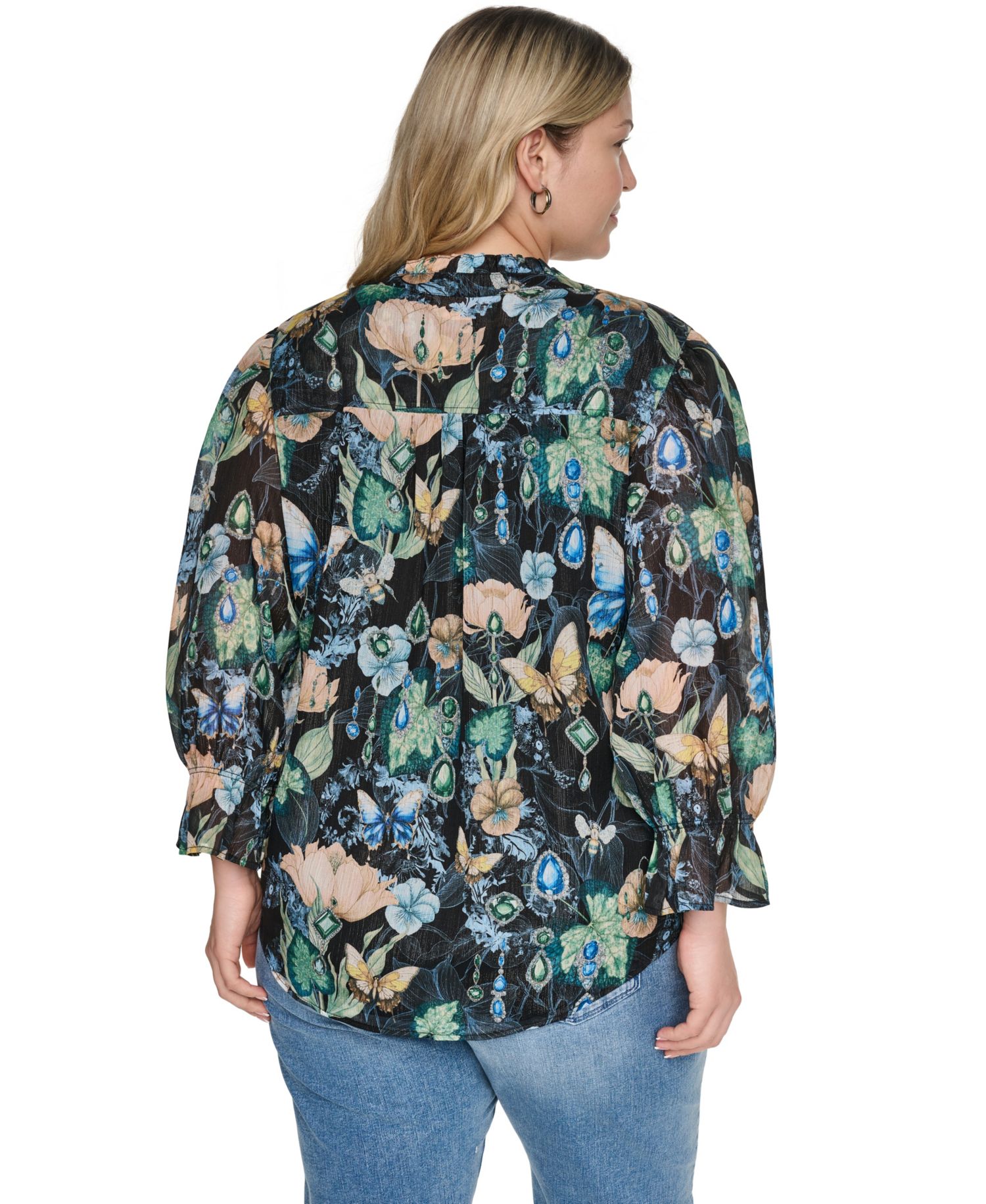 Plus Size Printed Collared Long-Sleeve Top