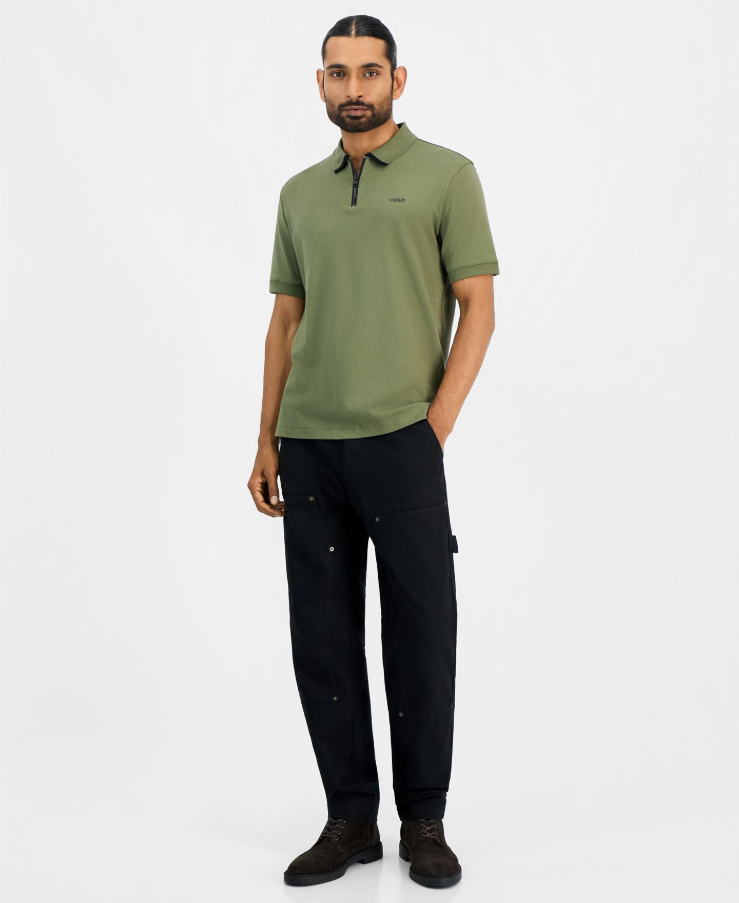 Мужское поло Hugo Boss HUGO by Damolino Regular-Fit Quarter-Zip Polo Shirt, цвет: Зелёный — фото 2