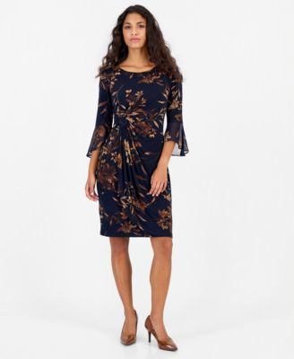 Petite Side Tab Floral 3/4-Sleeve Flounce-Cuff Dress