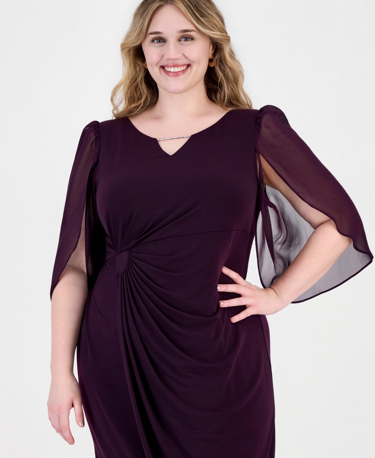 Connected Plus Sheer-Sleeve Chain-Detail Sheath Dress