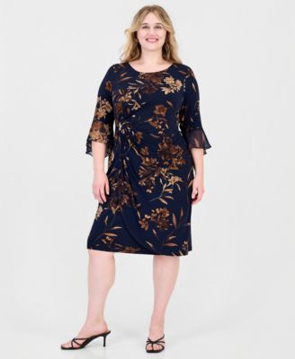 Plus Size Floral-Print Wrap Bell-Sleeve Dress