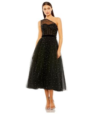 Women's One Shoulder Pearl Beaded Midi Ballgown