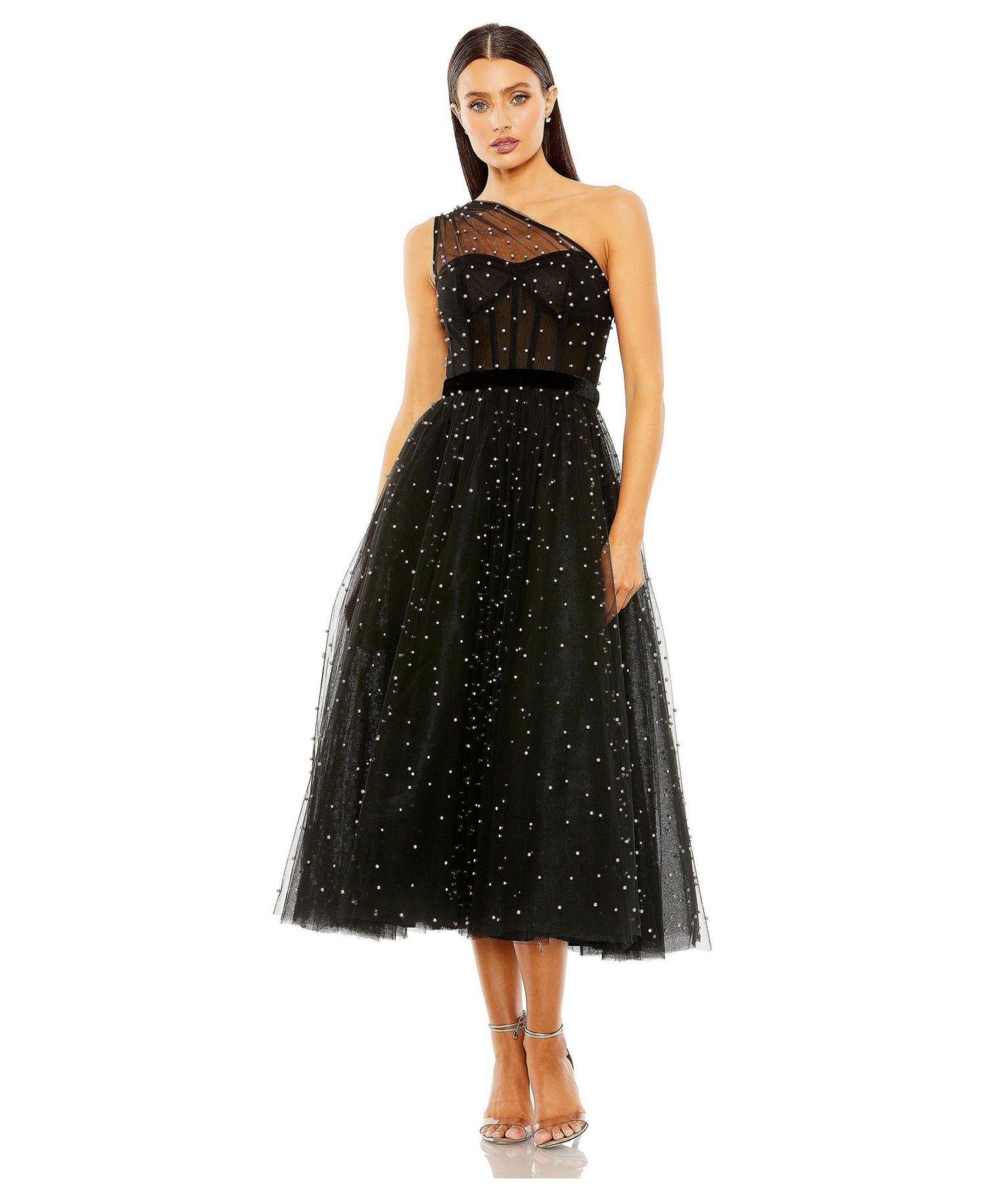 Women's One Shoulder Pearl Beaded Midi Ballgown