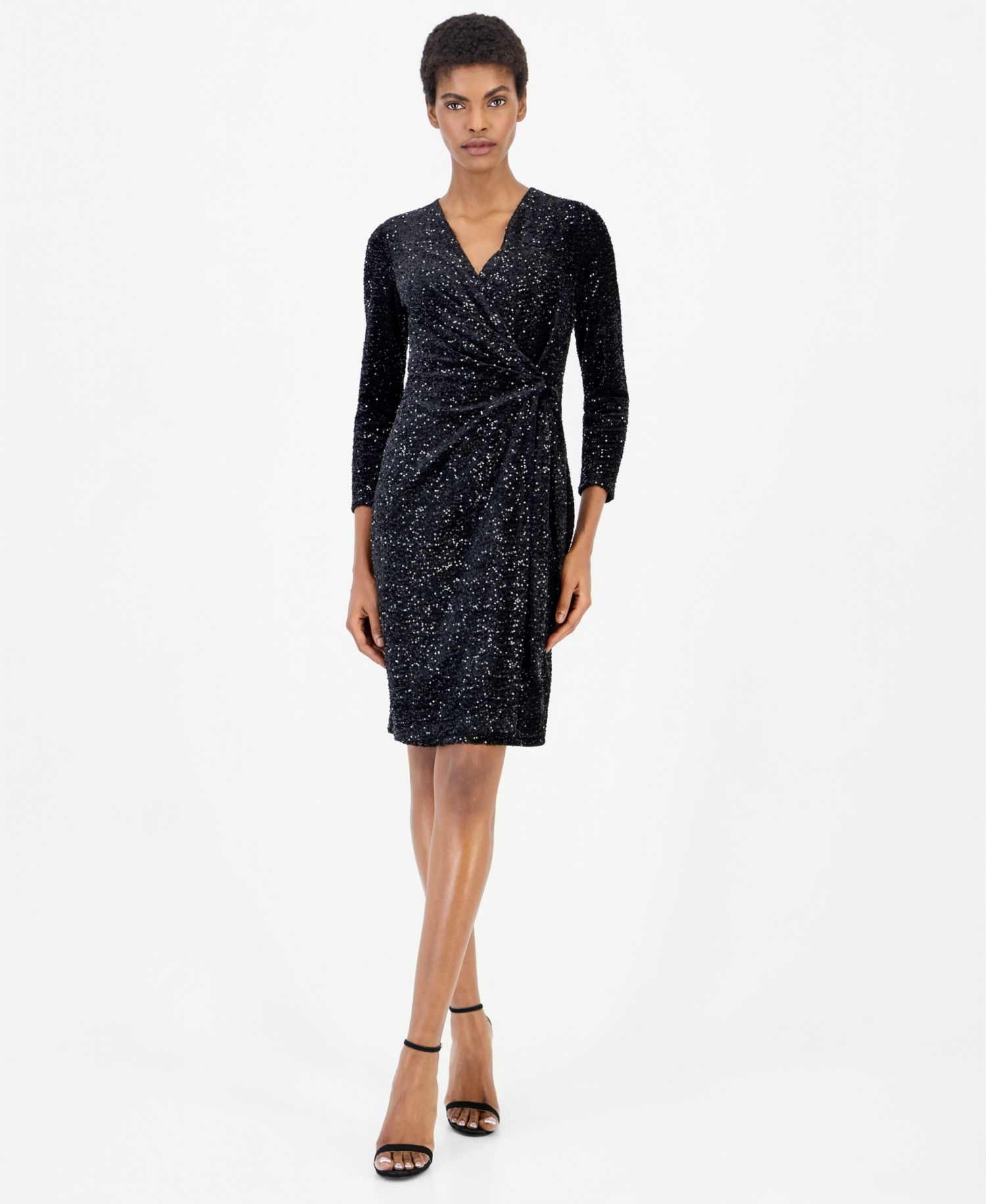 Women's Classic Velvet Sequin Faux-Wrap Dress