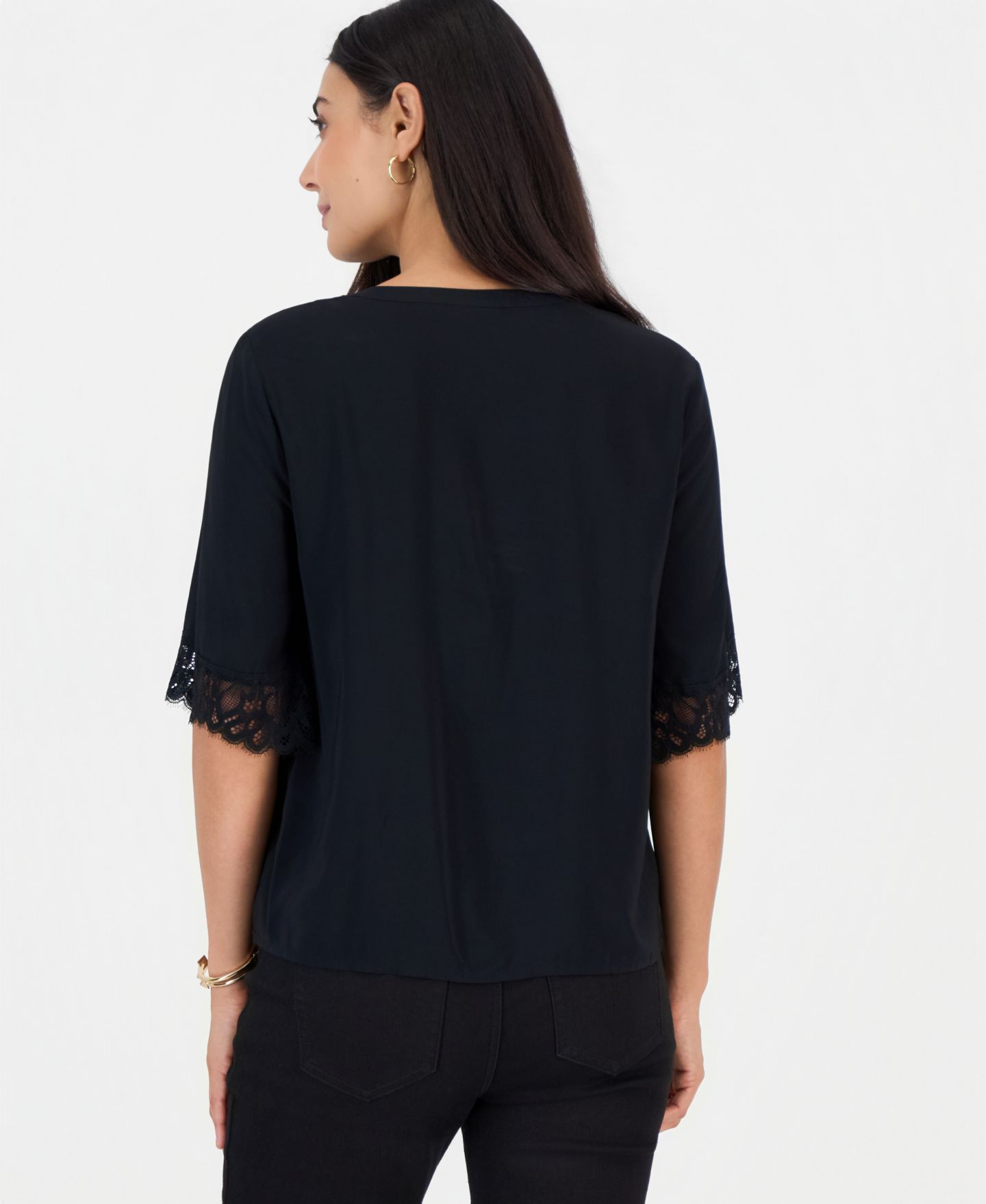 Женская блузка I.N.C. International Concepts Petite Lace-Trim Flowy-Sleeve, цвет: Глубокий чёрный — фото 3