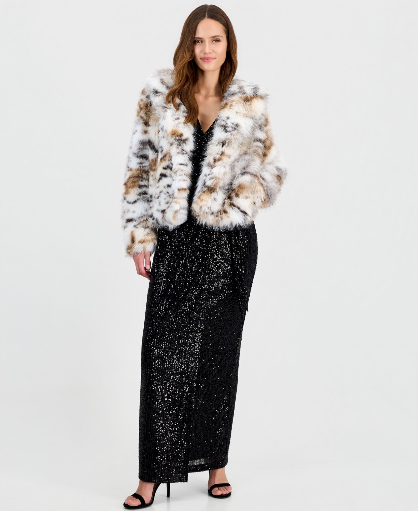 Женская куртка Anne Klein Petite Cropped Animal-Print Faux-Fur, цвет: Кофейный разноцветный — фото 2