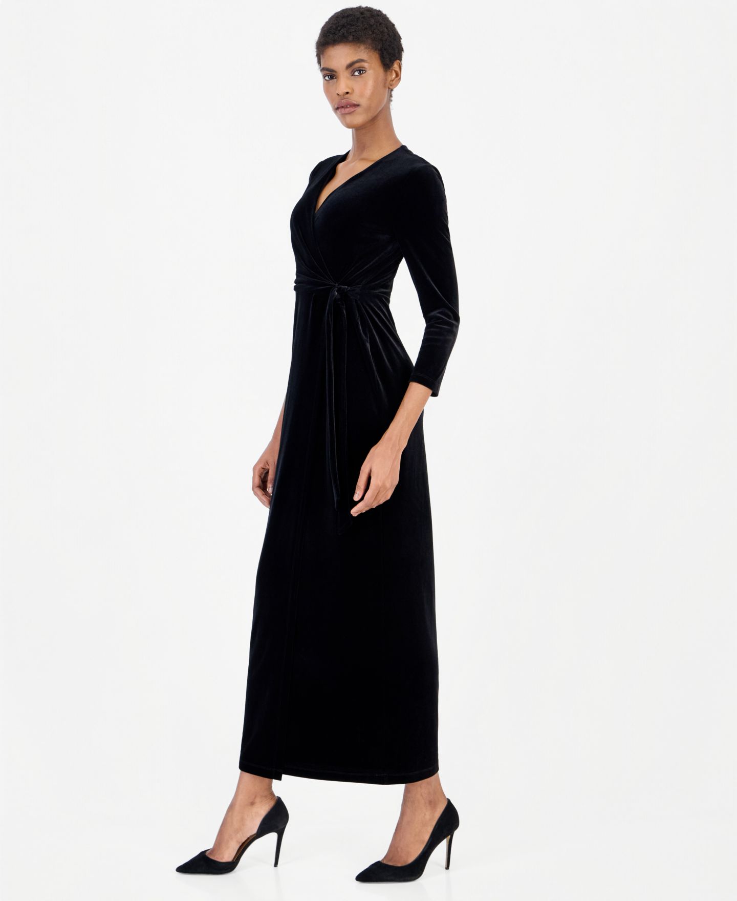 Женское бархатное платье макси Anne Klein с имитацией запаха, цвет: Чёрный — фото 2