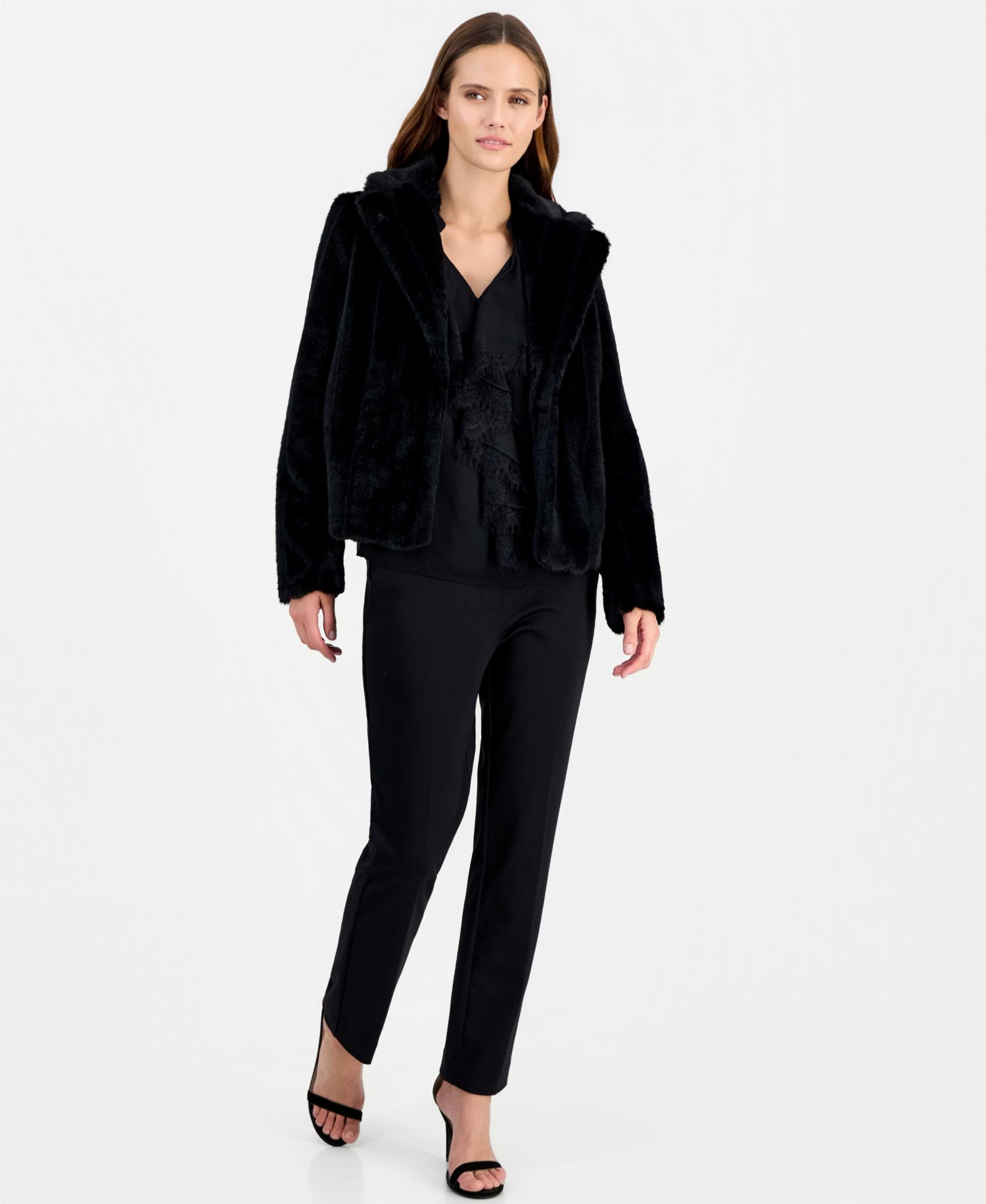Women's Cropped Notched-Collar Faux Fur Jacket