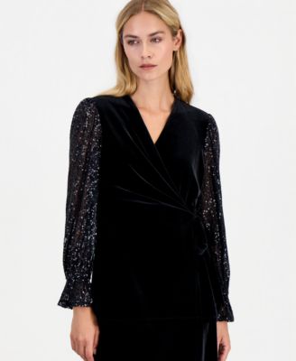 Women's Long-Sleeve Ruffle-Cuff Wrap Blouse