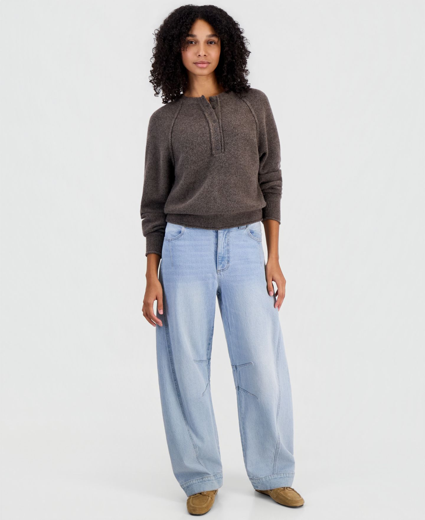 Женский свитер And Now This Henley Long-Sleeve Relaxed-Fit, цвет: Мокко меланжевый — фото 2