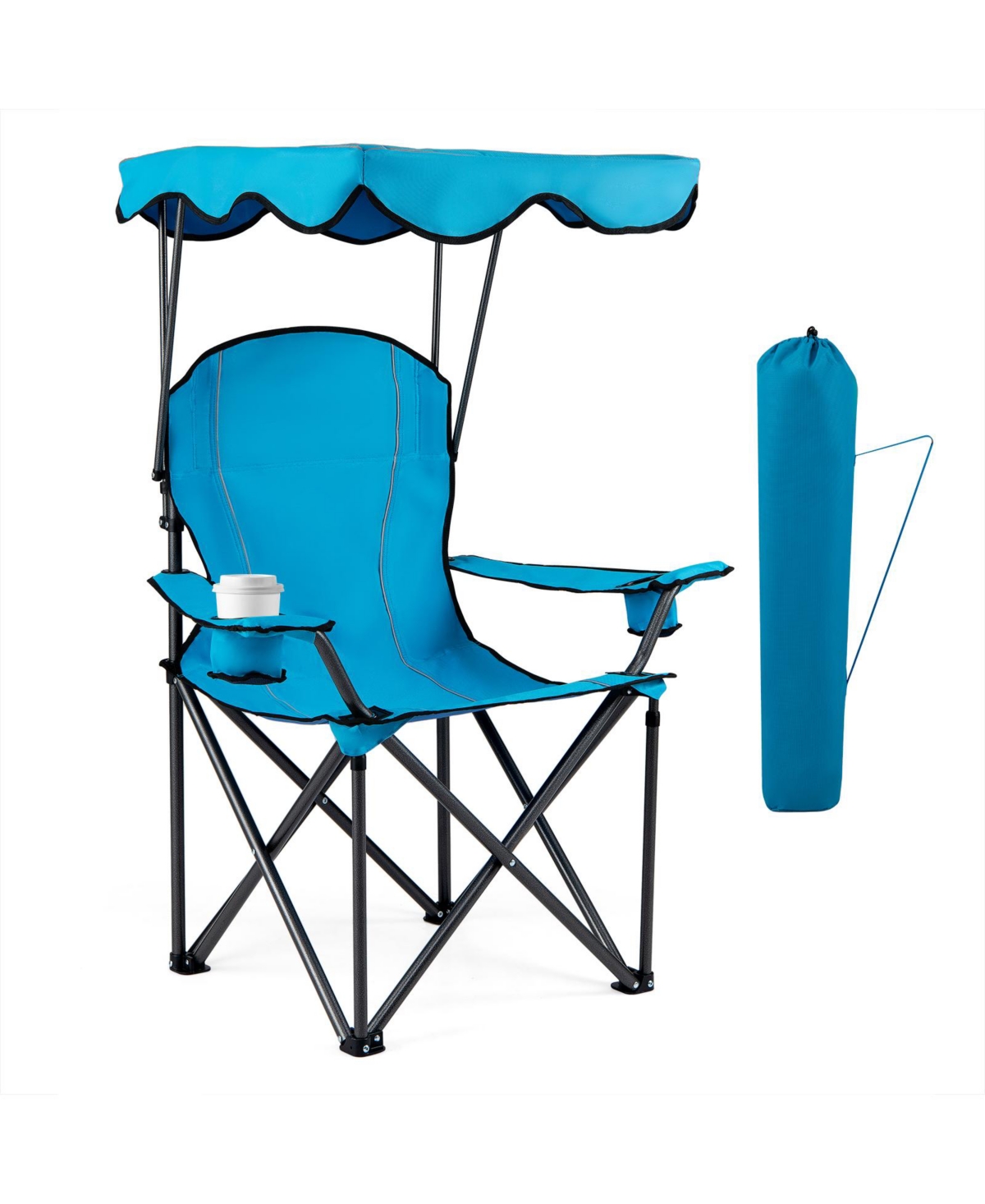 Gymax Folding Camping Chair with Canopy Cup Holder Ergonomic Armrest Solid Steel Frame