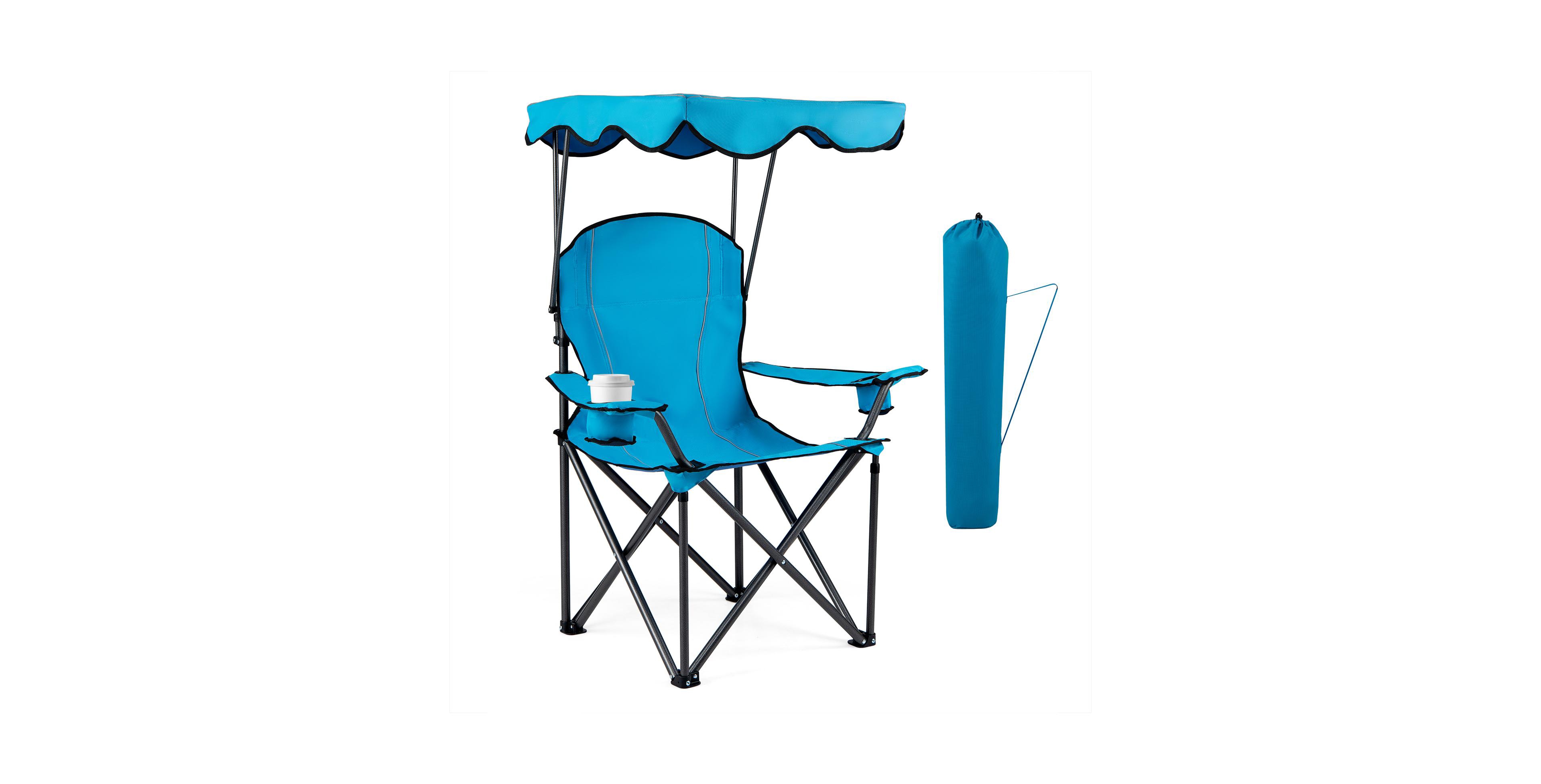 Gymax Folding Camping Chair with Canopy Cup Holder Ergonomic Armrest Solid Steel Frame