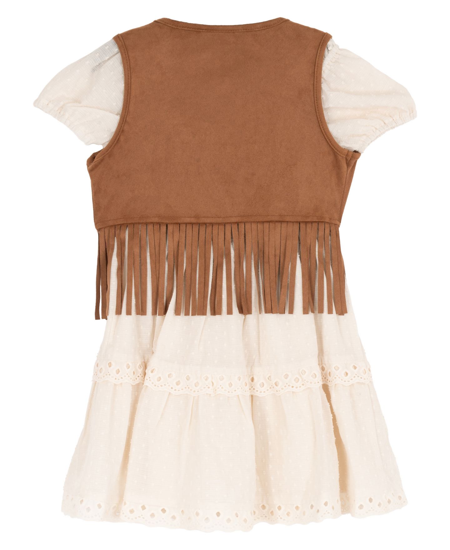 Комплект Rare Editions Suede Fringe Vest and Clip Dot Cotton Puff Sleeve Dress, 2-Piece Set для девочек, цвет: Слоновая кость — фото 5
